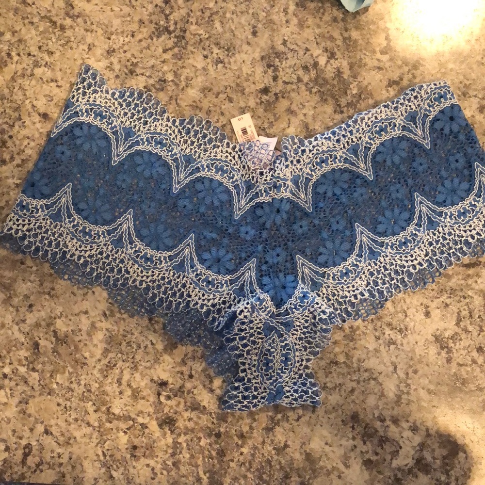 Blue and white crochet lace panties